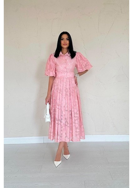 Ipeksi Pembe Kemerli Balon Kollu Elbise modelleri