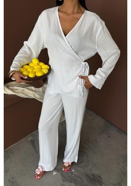 Ipeksi Kruvaze Model Klasik Pantolonlu Çupra Keten Takım 10191