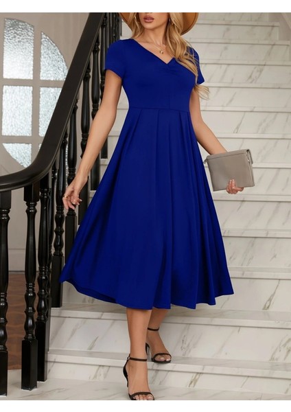 Ipeksi Kadın Kısa Kollu V Yakalı Önden Pileli Midi Janjan Krep Elbise