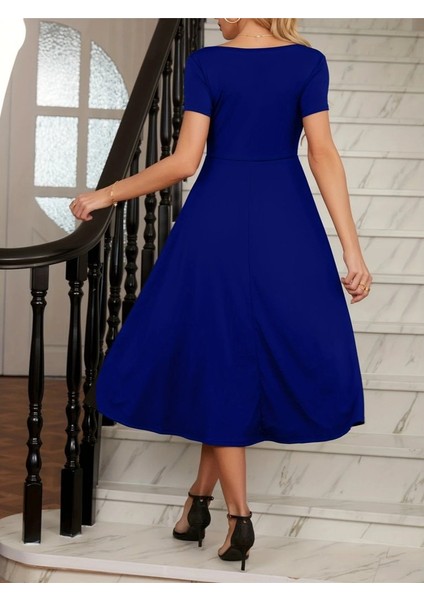 Ipeksi Kadın Kısa Kollu V Yakalı Önden Pileli Midi Janjan Krep Elbise indirimleri