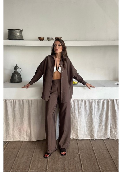 Ipeksi Gömlek-Pantolon Takım Cupra Kumaş - Kahverengi