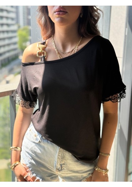 Ipeksi Kadın Tek Omuzu Askılı Kısa Kollu Toka Detaylı Dantelli Viskon Bluz fiyatları