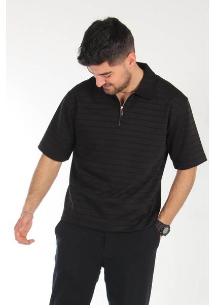 6132 Yakası Fermuarlı Kendinden Çizgili T-Shirt