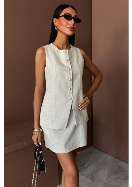 Ipeksi Uzun Yelek Mini Etek Flamlı Keten Takım 10148 modelleri