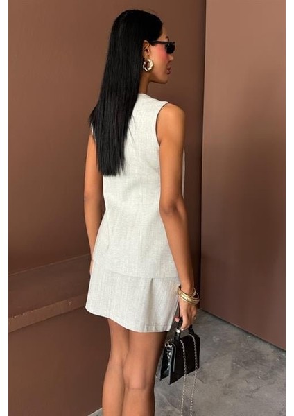 Ipeksi Uzun Yelek Mini Etek Flamlı Keten Takım 10148