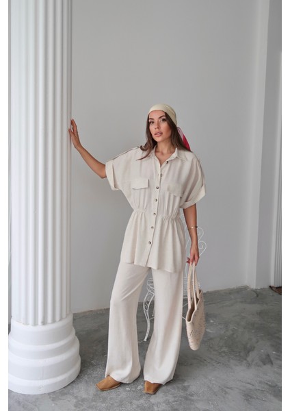 Ipeksi Keten Belden Büzgü Detaylı Gömlek - Pantolon Takım - Taş