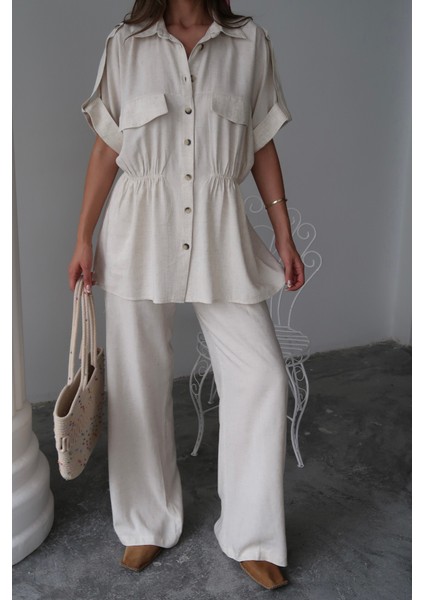 Ipeksi Keten Belden Büzgü Detaylı Gömlek - Pantolon Takım - Taş fiyatları