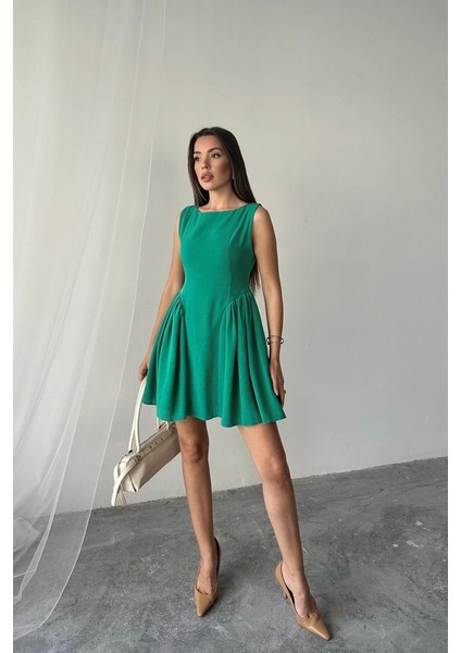 Ipeksi Yeşil Mini Boy Büzgülü Keten Elbise modelleri