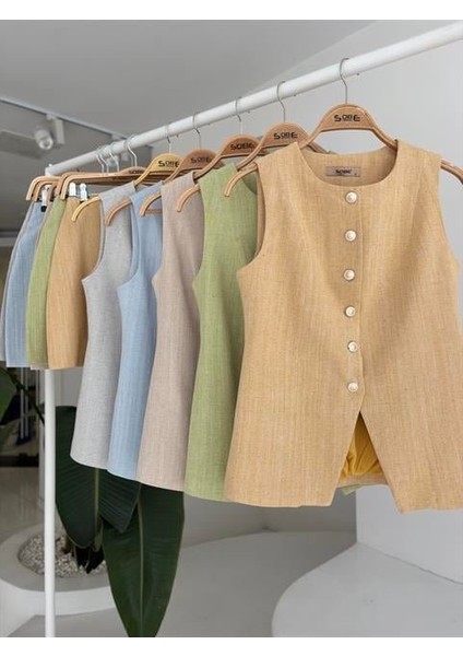 Ipeksi Uzun Yelek Mini Etek Flamlı Keten Takım 10148