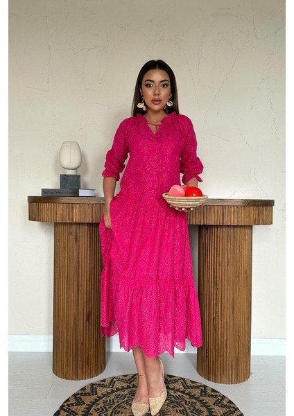 Ipeksi Fuşya Dantelli New Elbise