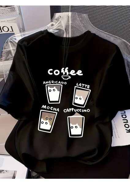 Ipeksi Baskılı Oversize Bisiklet Yaka T-Shirt - Siyah