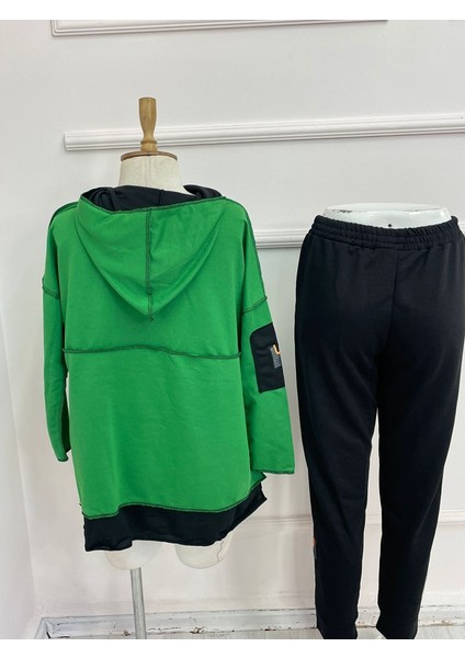 Ipeksi Kadın Yeşil Kapşonlu Etek Ucu Detay Arma Ters Dikiş Gorunumlu Ikili Takım