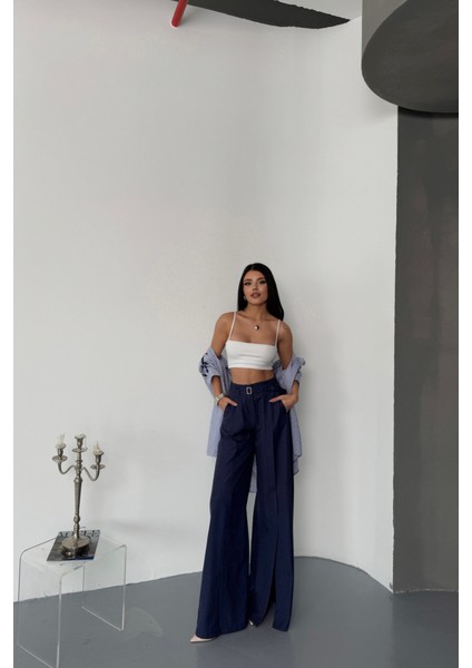 Ipeksi Salaş Önden Yırtmaç Detaylı Bel Kemerli Pantolon - Lacivert fiyatları