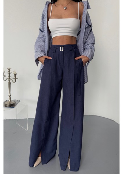 Ipeksi Salaş Önden Yırtmaç Detaylı Bel Kemerli Pantolon - Lacivert modelleri