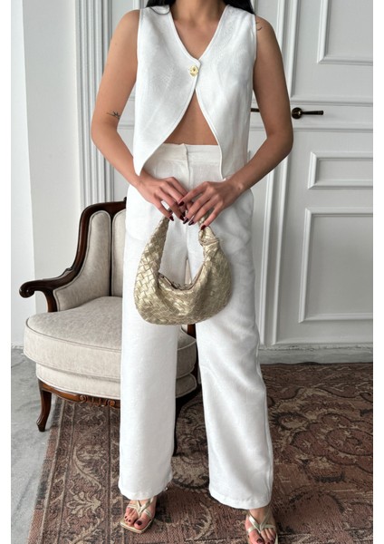 Ipeksi Keten Tek Düğme Yelek-Pantolon Takım - Beyaz fiyatları