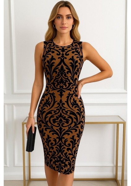 Ipeksi Kadın Kolsuz Yarı Balıkçı Yaka Desenli Dalgıç Elbise