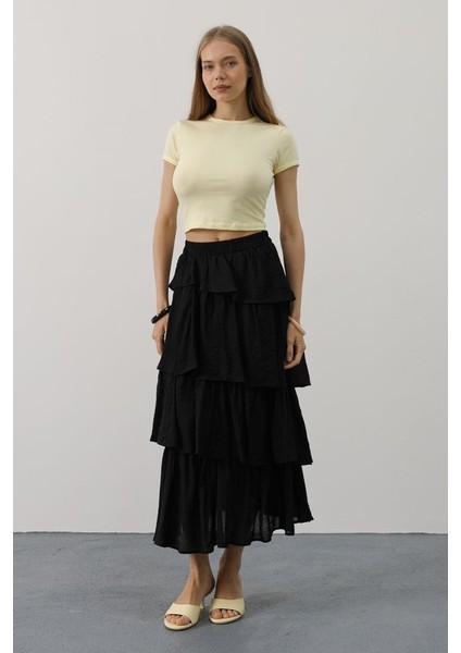 Ipeksi Katlı Kesim Uzun Etek - Siyah