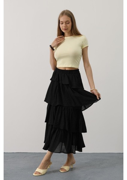 Ipeksi Katlı Kesim Uzun Etek - Siyah fiyatları