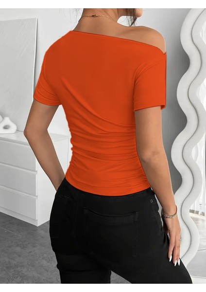 Ipeksi Kadın Kısa Kollu Tek Omuzu Açık Büzgülü Viskon Bluz fırsatları