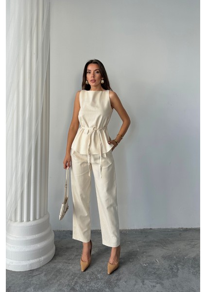 Ipeksi Keten Bluz - Pantolon Takım Massimo Modelscreat Kumaş - Bej fırsatları