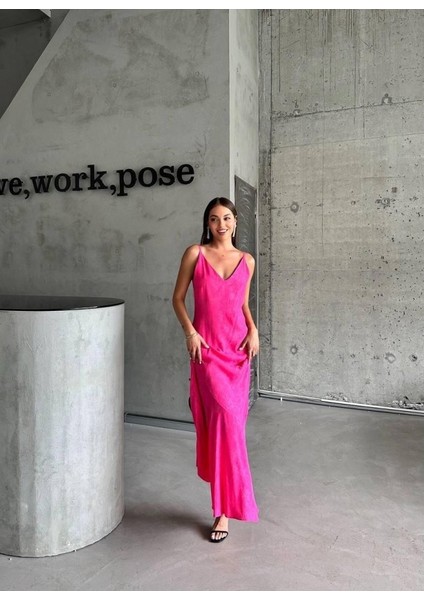 Ipeksi Jakarlı Askılı Saten Elbise Asimetrik - Pembe fiyatları