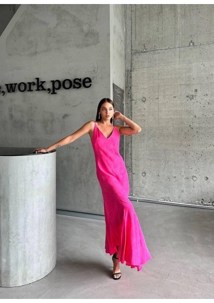 Ipeksi Jakarlı Askılı Saten Elbise Asimetrik - Pembe modelleri