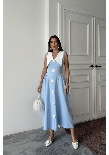 Ipeksi Mavi Gül Detaylı Atlas Elbise fiyatları