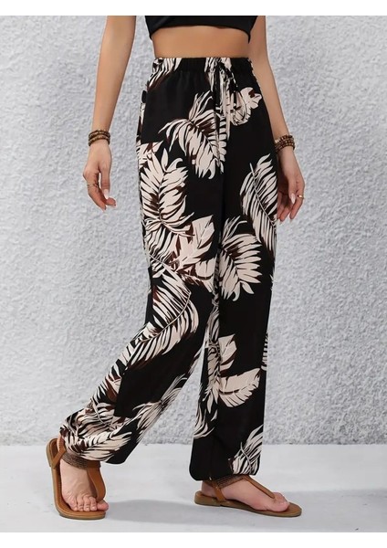 Ipeksi Kadın Yüksek Bel Bağcıklı Yaprak Desenli Süprem Pantolon