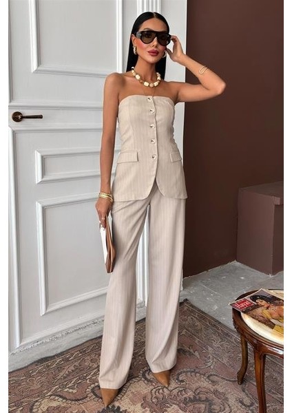 Ipeksi Straplez Büstiyerli Plazzo Pantolonlu Çizgili Takım 10151