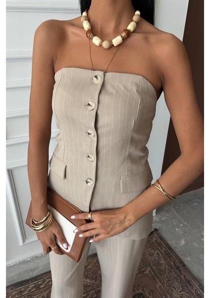 Ipeksi Straplez Büstiyerli Plazzo Pantolonlu Çizgili Takım 10151