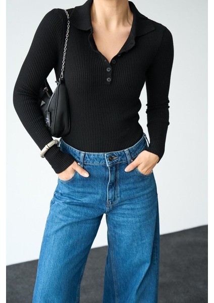 Ipeksi Polo Yaka 6 Düğmeli Kazak - Siyah modelleri