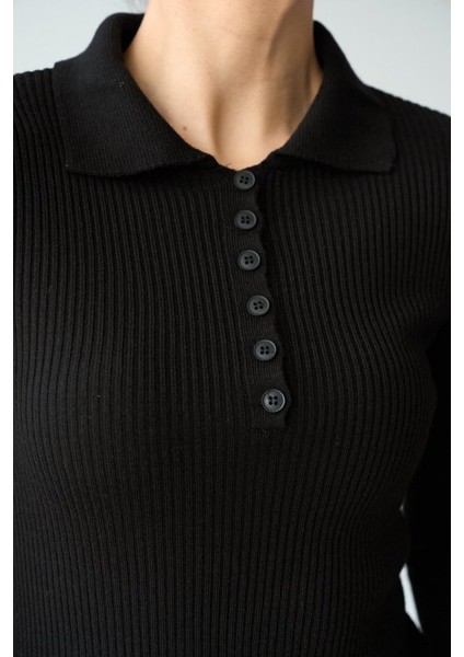 Ipeksi Polo Yaka 6 Düğmeli Kazak - Siyah