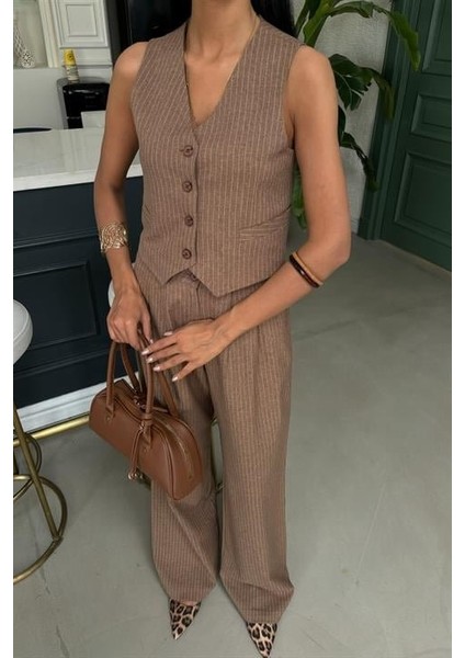 Ipeksi Yelek ve Pantolon Çizgili Double Takım 10017