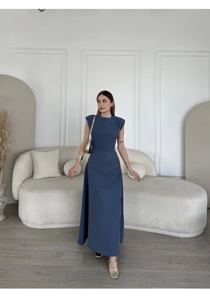 Ipeksi Keten Yandan Yırtmaçlı Uzun Sıfır Kolsuz Elbise - Mavi