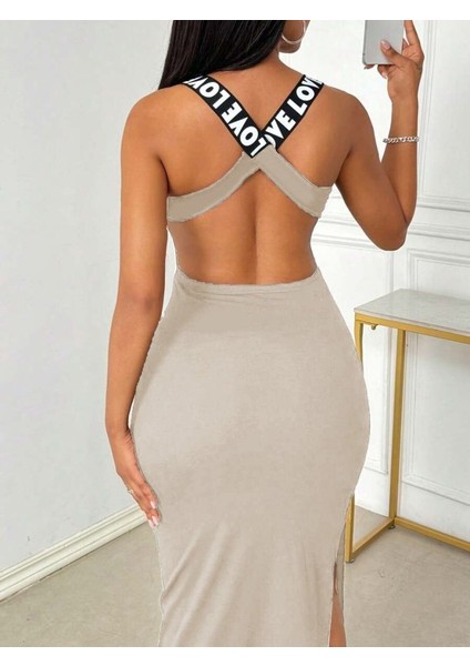 Ipeksi Kadın Yuvarlak Yaka Sırttan Çapraz Şerit Love Detaylı Yırtmaçlı Viskon Elbise fiyatları