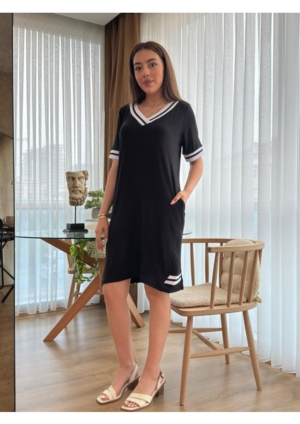 Ipeksi Kadın Kısa Kollu V Yaka Ribana Detaylı Cepli Dizüstü Viskon Elbise indirimleri
