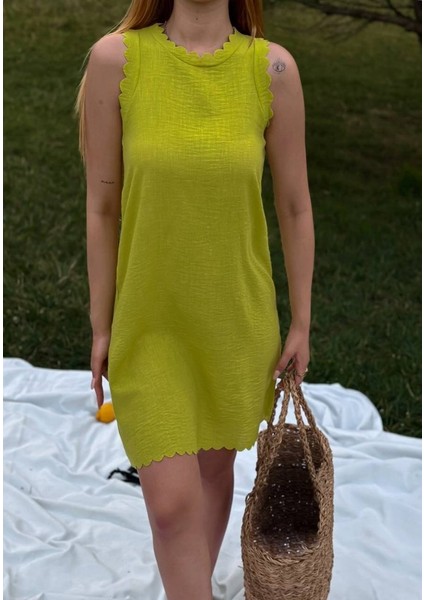 Ipeksi Kadın Keten Kumaş Kolsuz Mini Boy Elbise