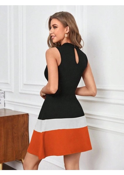 Ipeksi Kadın Sıfır Kol Yarı Balıkçı Yaka Şerit Detaylı Ithal Krep Elbise modelleri