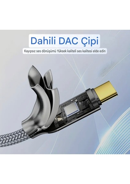 Type-C To 3.5mm Jack Aux Dac Çip+Hi-Fi Ses Teknolojisi Ce Lisanslı Kulaklık Çevirici Dönüştürücü Hasır Örgülü Sağlam Orjinal