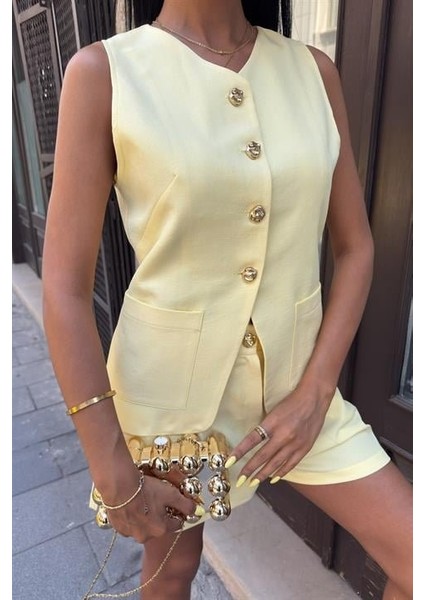 Ipeksi Gold Düğme Detaylı Yelek Şort Cotton Takım 10208 modelleri