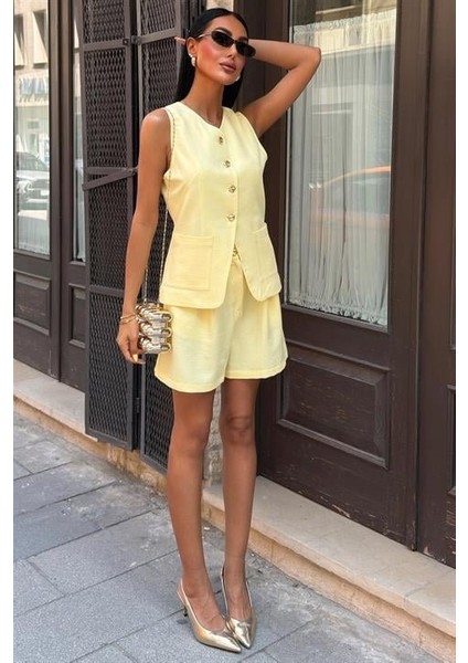 Ipeksi Gold Düğme Detaylı Yelek Şort Cotton Takım 10208