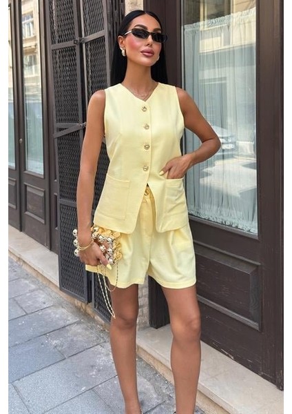 Ipeksi Gold Düğme Detaylı Yelek Şort Cotton Takım 10208