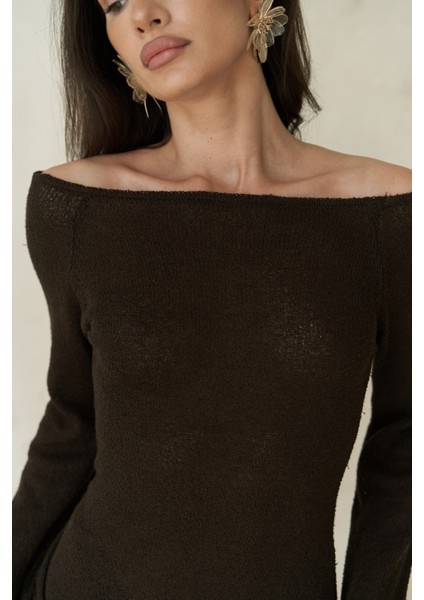 Kawanas Kayık Yaka Bağlamalı Kahve Elbise