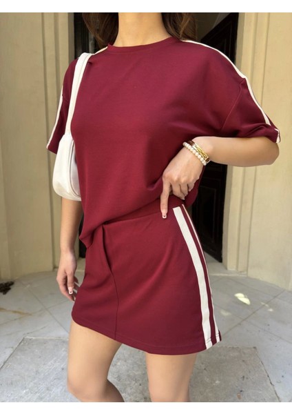 Ipeksi Osy Modal Yumuşak Dokulu Kumaş Parçalı Bisiklet Yaka T-Shirt Mini Şortlu Etek Ikili Takım -Bordo