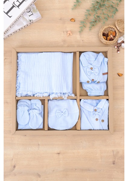 Erkek Bebek Yenidoğan Yazlık ve Mevsimlik Müslin Mavi 10 Lu Lüks Hastane Çıkışı Zıbın Seti STL7060