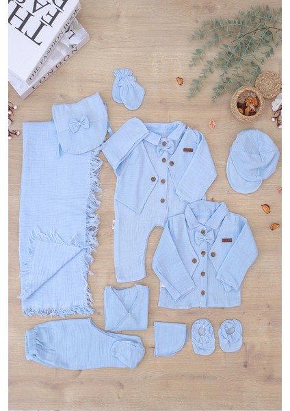 Erkek Bebek Yenidoğan Yazlık ve Mevsimlik Müslin Mavi 10 Lu Lüks Hastane Çıkışı Zıbın Seti STL7060 fiyatları