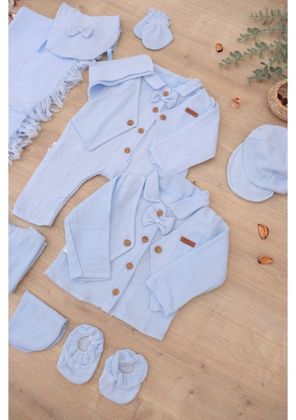 Erkek Bebek Yenidoğan Yazlık ve Mevsimlik Müslin Mavi 10 Lu Lüks Hastane Çıkışı Zıbın Seti STL7060 modelleri