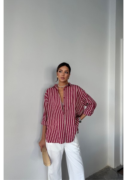Ipeksi Çizgili Gömlekketen - Bordo fırsatları