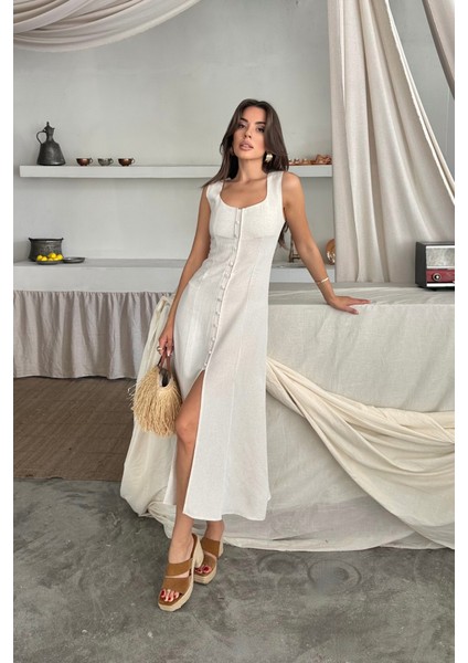 Ipeksi Keten Kolsuz Kare Yaka Düğme Detaylı Elbise - Beyaz