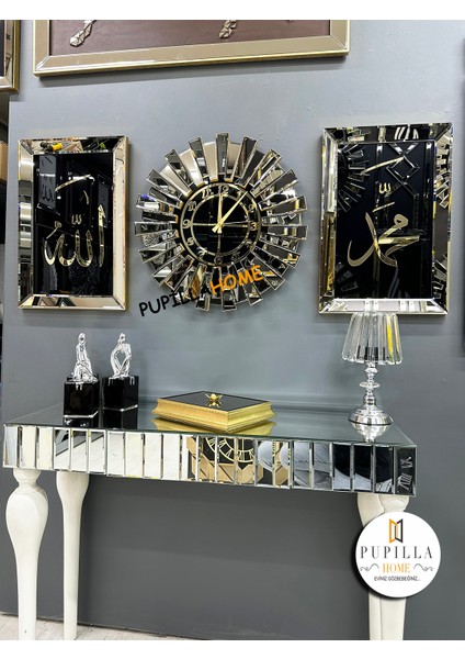 Gold Renk Allah C.c ve Hz. Muhammed Aynalı Tablo Saat modelleri